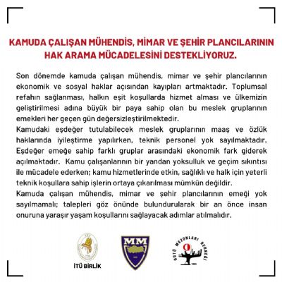 Kamuda çalışan mühendis, mimar ve şehir plancılarının hak arama mücadelesini destekliyoruz